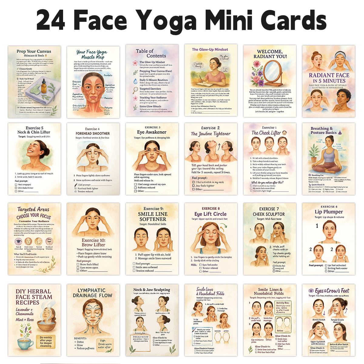 Health Within Wellness Center - 24pcs Radiant Face Yoga Cards,Pocket Guide
